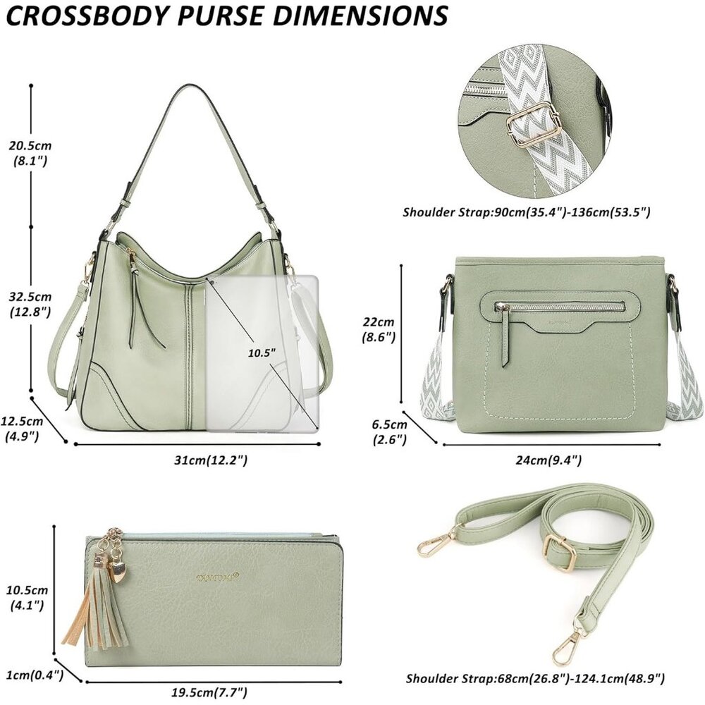 Women’s Light Green 3PCS PU Leather Purses Set  Crossbody Wallet & Hobo Tote Bag - Picture 3 of 8